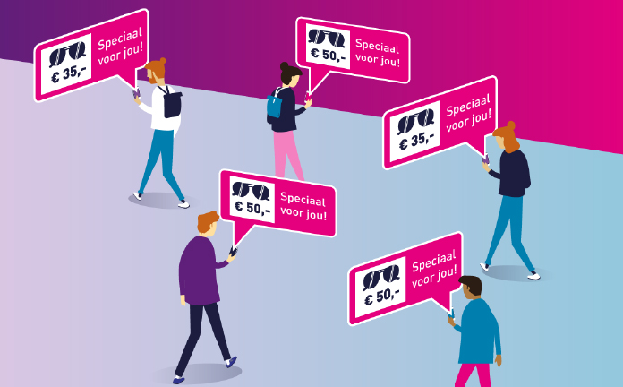 Illustratie waarbij meerdere mensen een advertentie op hun telefoon krijgen van een zonnebril met tekst 50 euro, speciaal voor jou