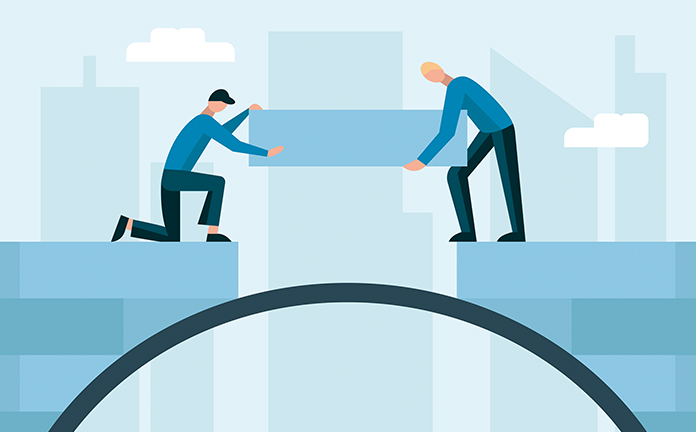 Illustratie met twee mannen die ieder aan de andere kant van een brug staan en samen de laatste steen leggen