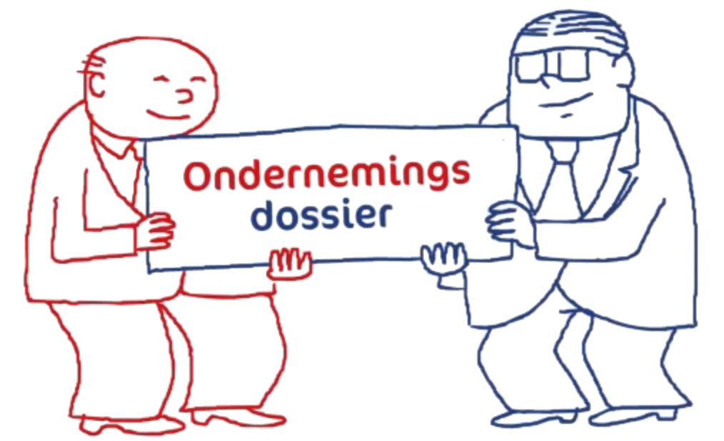 Cartoon met twee figuren en tekst ondernemingsdossier