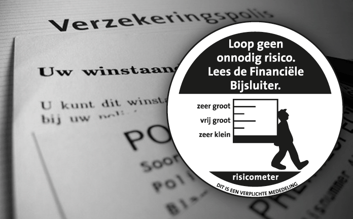 Beeld met de tekst: Loop geen onnodig risico. Lees de financiële bijsluiter. Een bewegend mannetje staat bij een risicometer met verschillende niveaus: zeer groot, vrij groot en zeer klein.