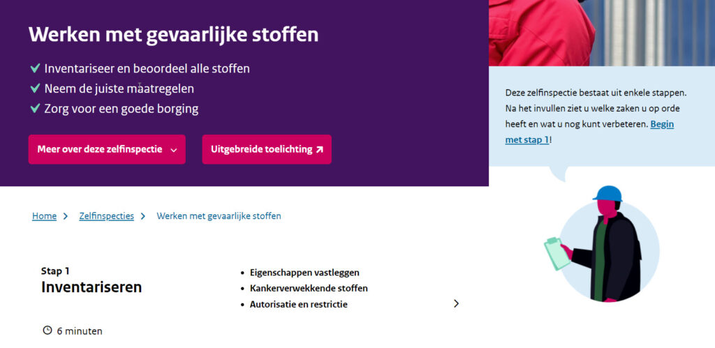 Afbeelding van website zelfinspectie.nl met stappenplan om veiliger te werken met gevaarlijke stoffen