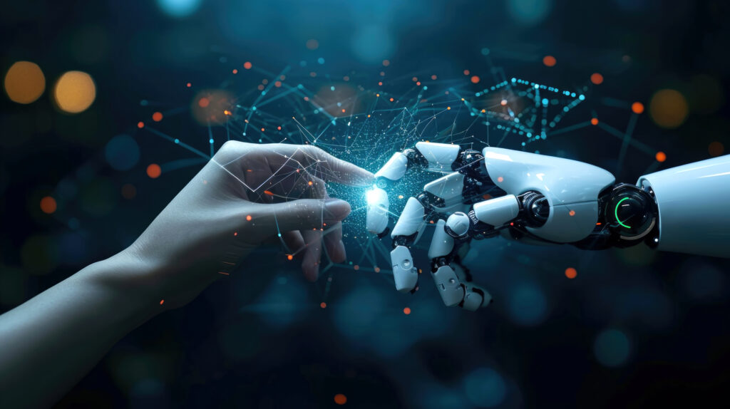 Hand van mens raakt hand van robot aan