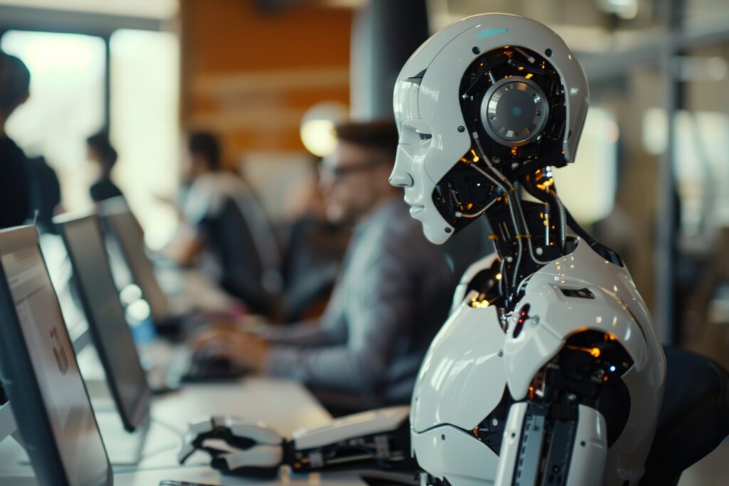 AI-robot zit naast menselijke collega's werk te doen