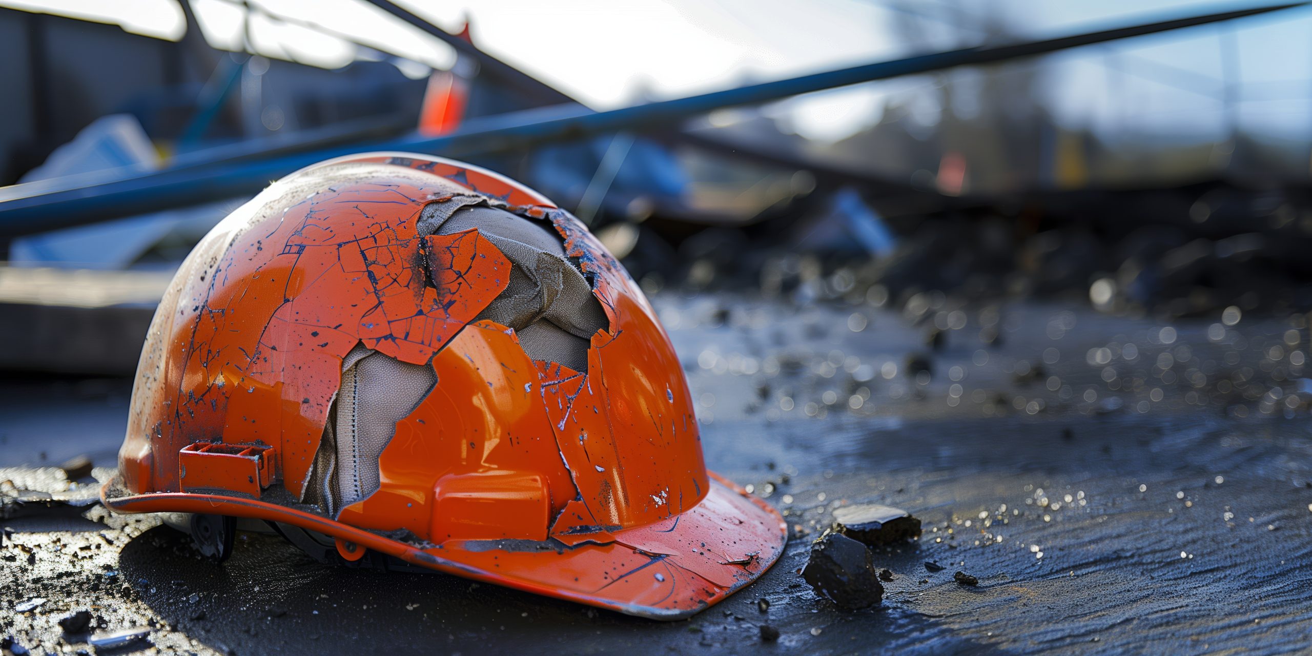 Kapotte helm ligt op de grond met op de achtergrond een ravage